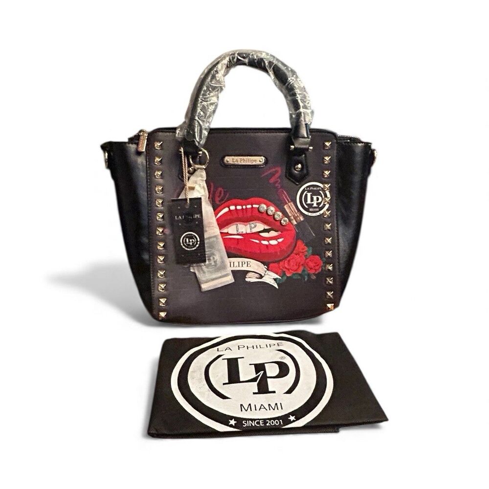 La Philipe Miami Studded Satchel Handbag Black Red Lips Rose Rocker Glam NWT